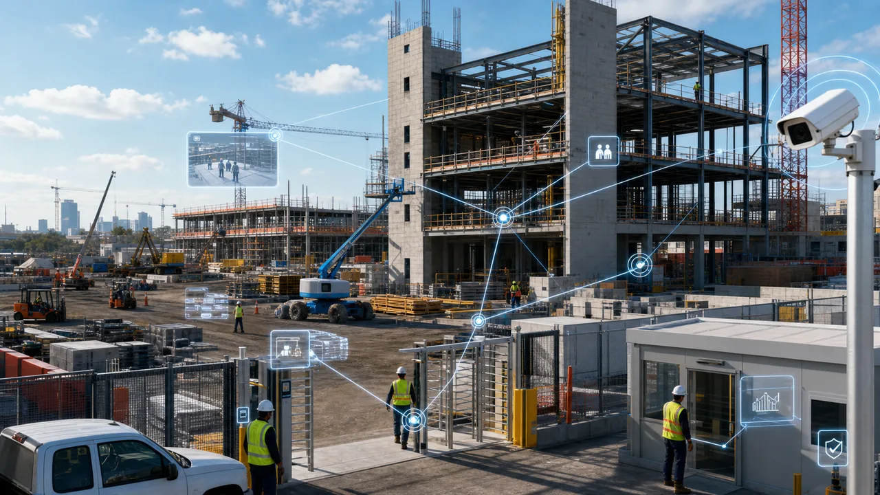 Active construction site with a partially built structure, access gate, cameras, equipment, workers, and AI workflow signals.