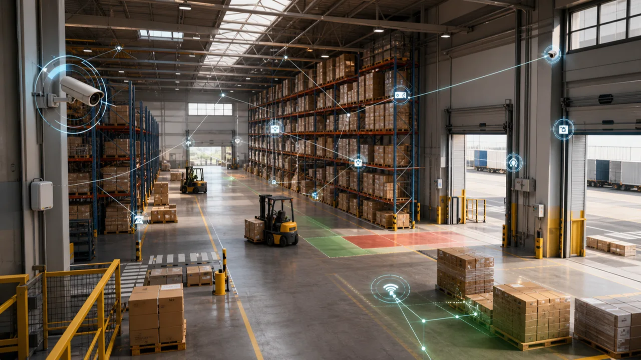 Manufacturing warehouse with forklifts, pallets, controlled zones, cameras, and AI workflow signals connected across the operation.