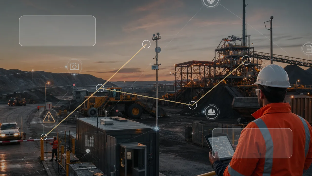 Connected mining site with edge AI, access, compliance, and incident signals overlaid across the operation.