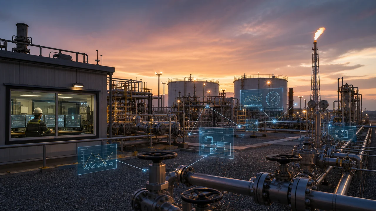 Oil and gas processing facility with connected SCADA, equipment, camera, and workflow signals across pipelines and tanks.