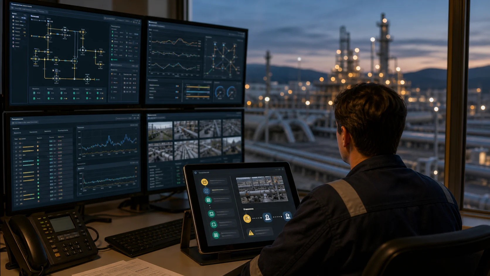 Energy operations control room with SCADA screens, camera tiles, and workflow evidence connected on an operator tablet.